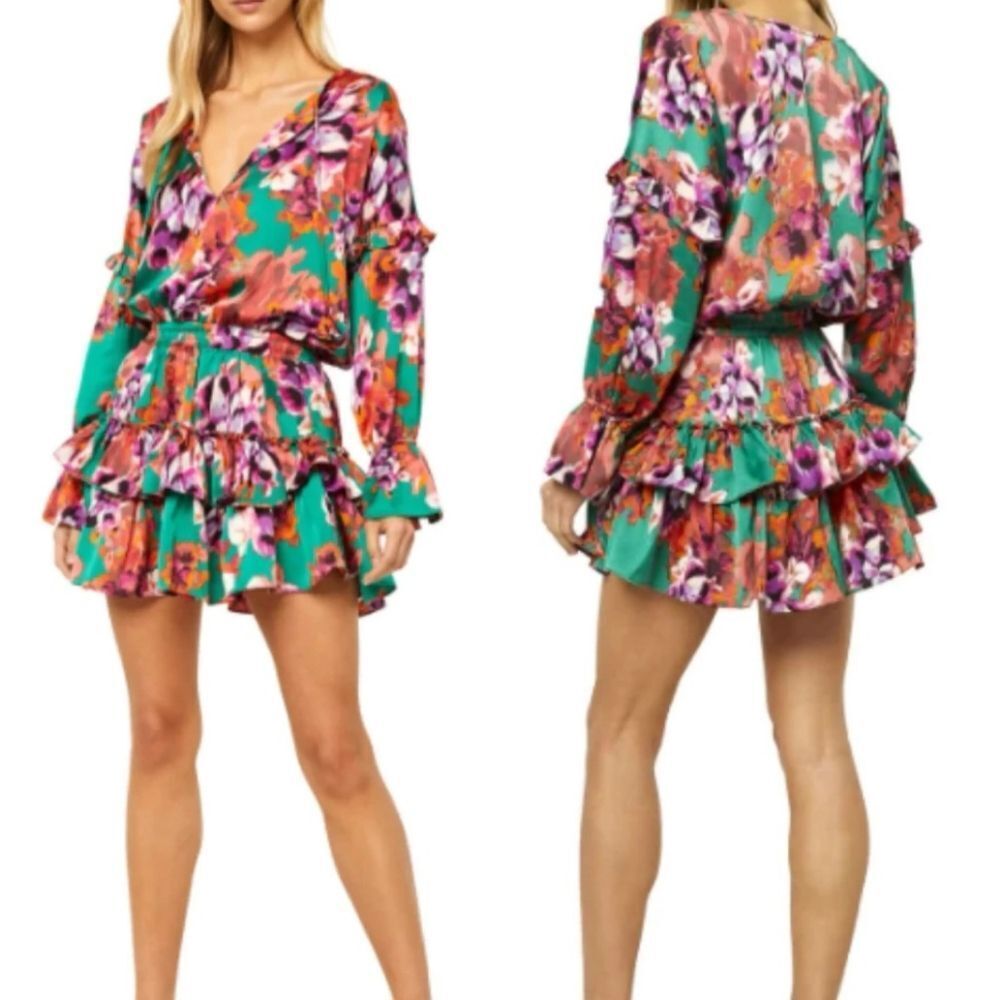NWT Misa Los Angeles Amalya Size Medium Green Floral Ruffled Sleeves Mini Dress